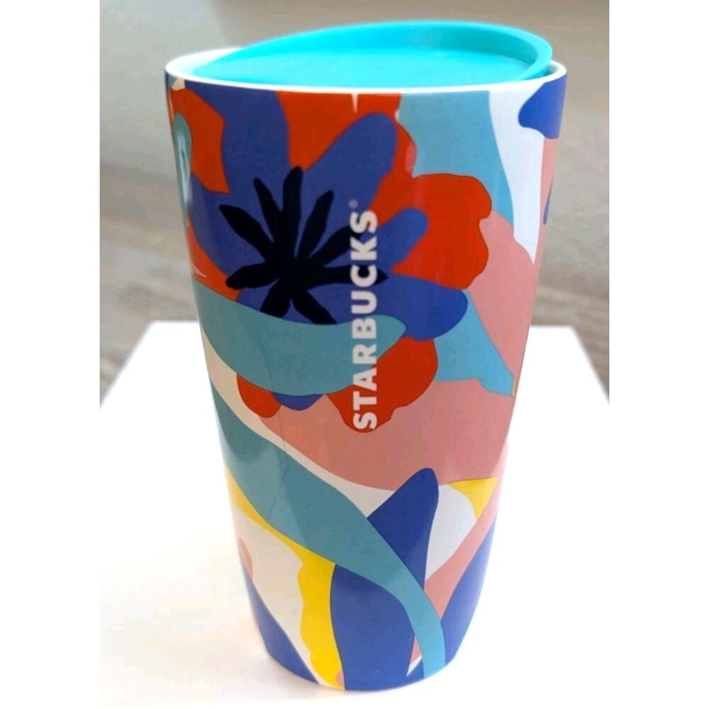 Starbucks 2021 Floral Ceramic Tumbler 12 oz w Lid Colorful Abstract Flowers - Picture 2 of 6